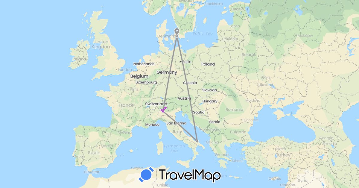 TravelMap itinerary: driving, plane, train in Denmark, Italy (Europe)